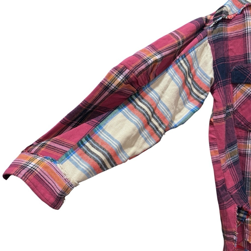 Free People We the Free Patched Up Plaid Cotton Shirt Oversized Grunge Pink XS - Picture 12 of 16